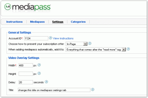 settings MediaPass for Joomla! Settings